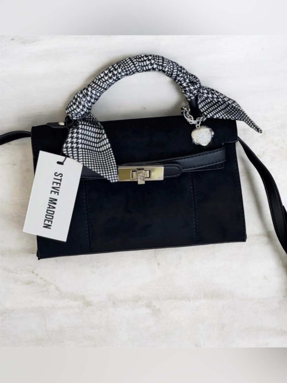 Steve Madden Black Satchel Purse with Accent Scarf